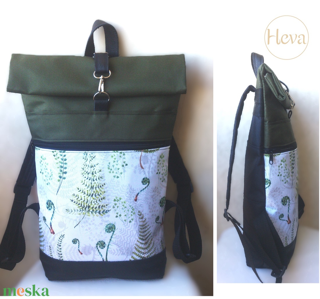 Páfrányos - zöld - rolltop - vízálló hátizsák - valódi bőrrel -  ajándék - unisex  - táska & tok - hátizsák - roll top hátizsák - Meska.hu