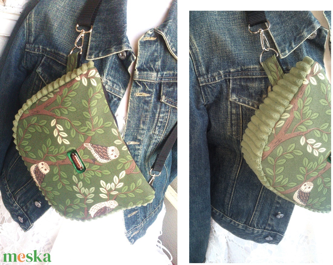 Zöld - baglyos Cross body - oldaltáska, testtáska  - vízálló - ajándék - Heva táska - Anyák napja - táska & tok - kézitáska & válltáska - vállon átvethető táska - Meska.hu