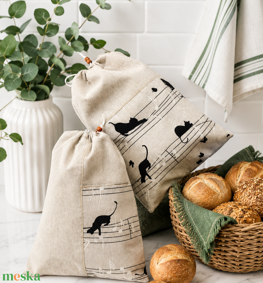 Kenyeres zsák - cicás - péksüteményes zsák/szett - zero waste-   - táska & tok - bevásárlás & shopper táska - kenyeres zsák - Meska.hu