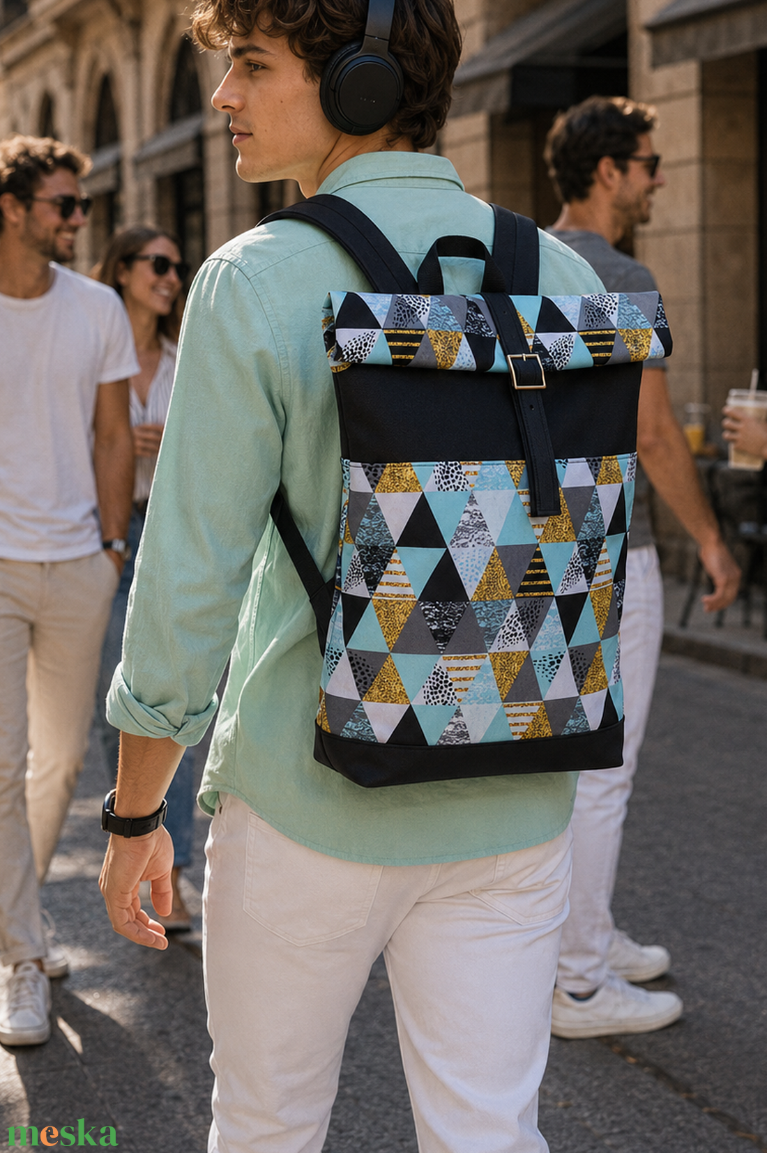 Akciós! Menta - ezüstös-szürke- vízálló hátizsák - fekete valódi bőrrel - rolltop - ajándék - ballagásra - unisex - táska & tok - hátizsák - roll top hátizsák - Meska.hu