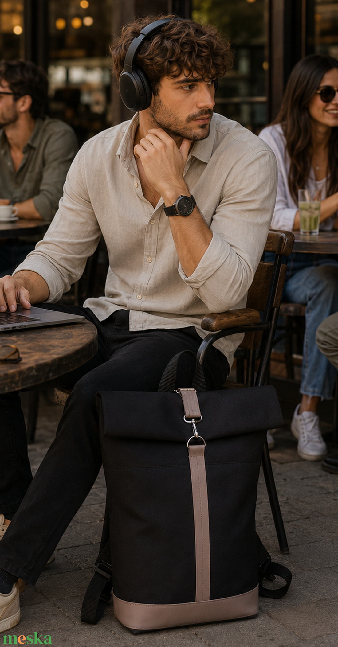 Fekete-barnával vízálló hátizsák - rolltop - valódi bőrrel  -ajándék - Unisex - táska & tok - hátizsák - roll top hátizsák - Meska.hu