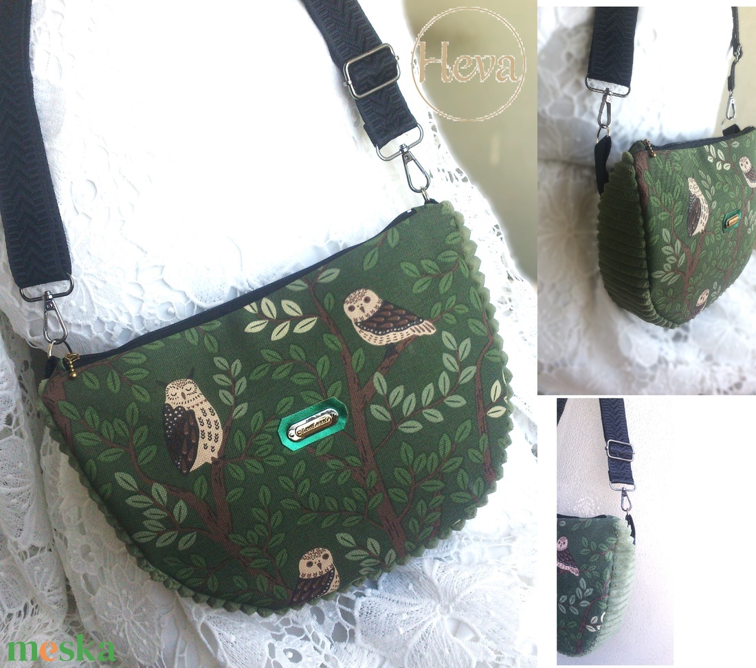 Zöld - baglyos Cross body - oldaltáska, testtáska  - vízálló - ajándék - Heva táska - Anyák napja - táska & tok - kézitáska & válltáska - vállon átvethető táska - Meska.hu