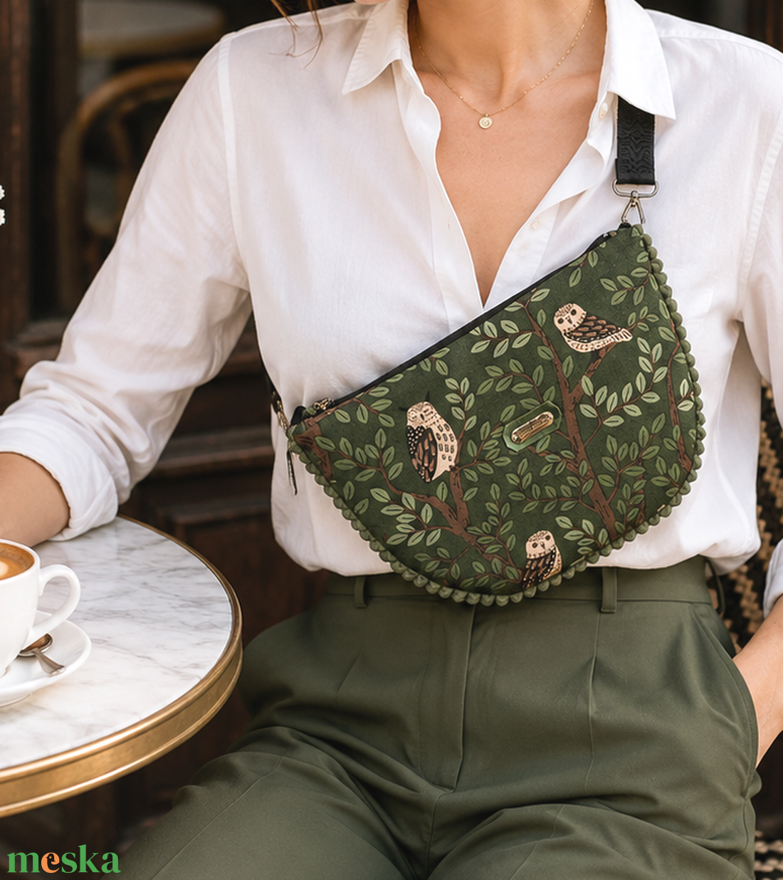 Zöld - baglyos Cross body - oldaltáska, testtáska  - vízálló - ajándék - Heva táska - Anyák napja - táska & tok - kézitáska & válltáska - vállon átvethető táska - Meska.hu