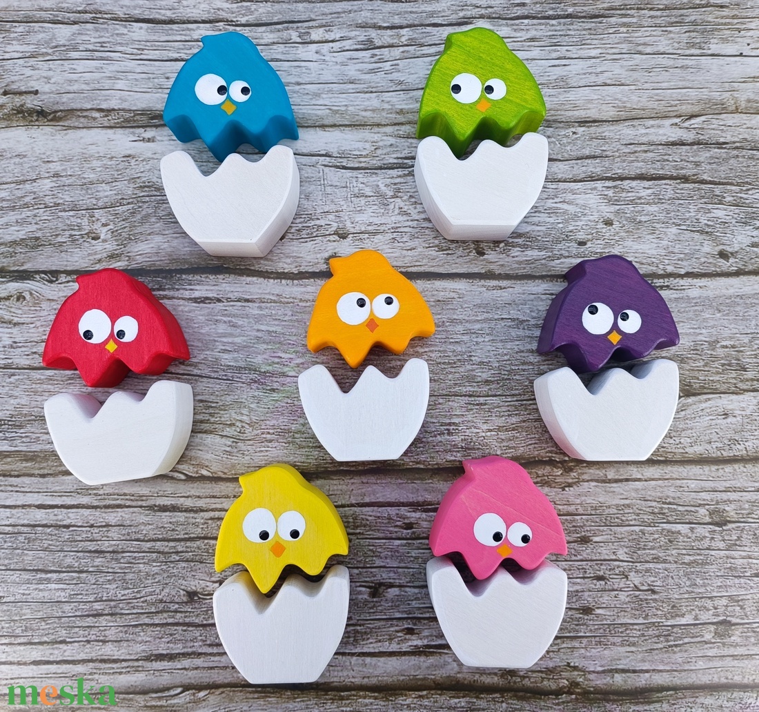 Színes csibe húsvéti  fa kirakó készlet � kézzel készült fejlesztő játék gyerekeknek - játék & sport - készségfejlesztő és logikai játék - toronyépítő- és egyensúlyozó játékok - Meska.hu