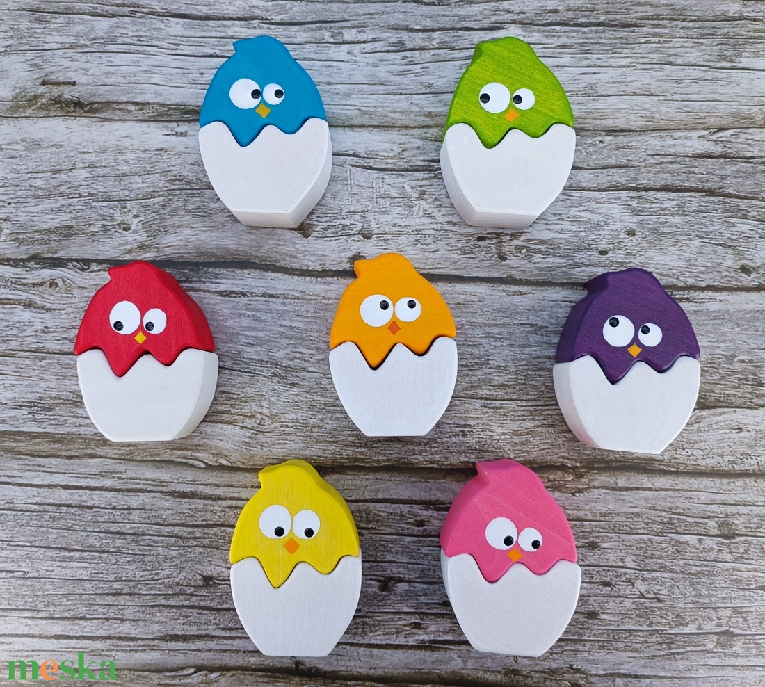 Színes csibe húsvéti  fa kirakó készlet � kézzel készült fejlesztő játék gyerekeknek - játék & sport - készségfejlesztő és logikai játék - toronyépítő- és egyensúlyozó játékok - Meska.hu