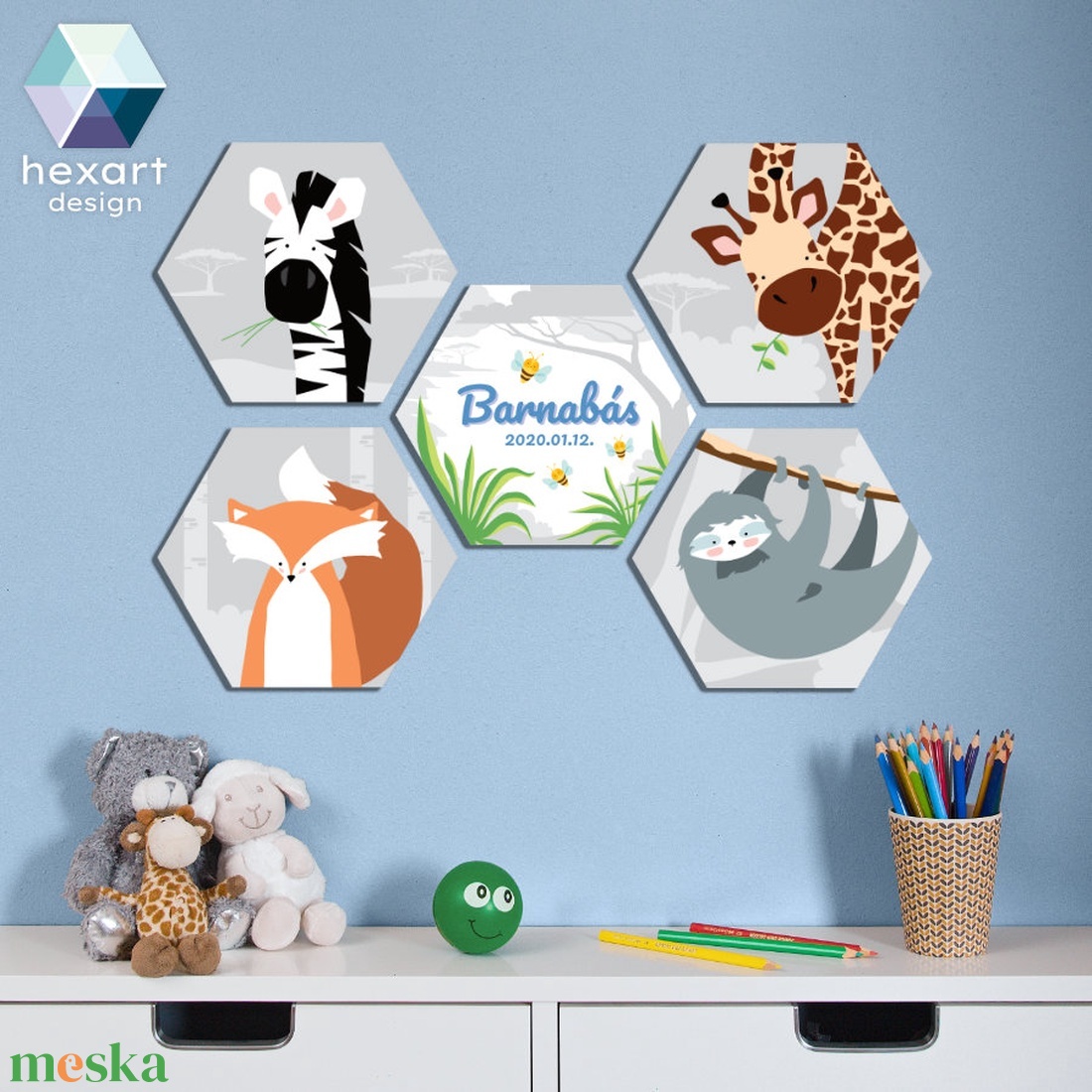 5 db-os kisfiú babaszoba dekoráció, fali kép névtáblával - választható állatokkal, akár egyedi háttérszínnel (opció) - otthon & életmód - babaszoba, gyerekszoba - babaszoba, gyerekszoba - Meska.hu