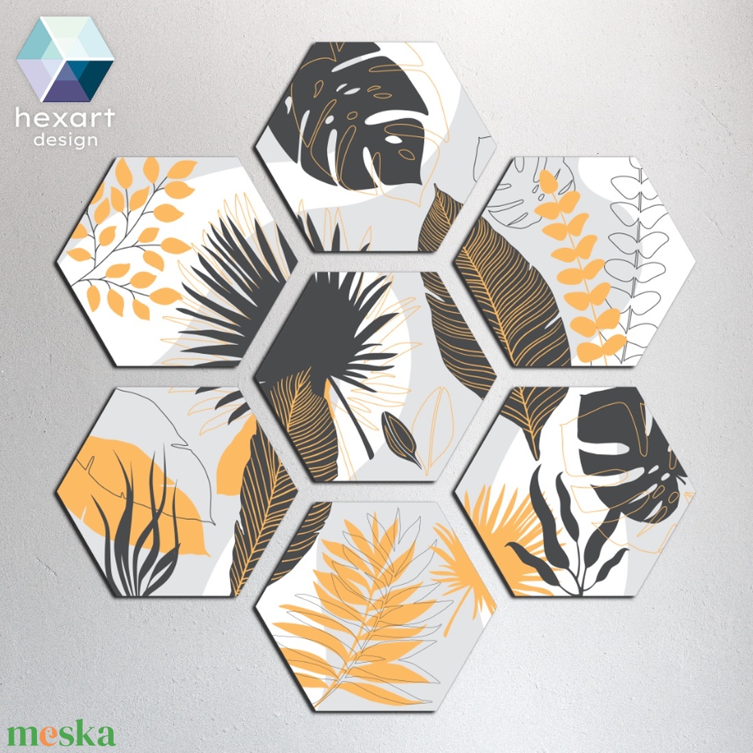 Hexart Plants fali dekoráció - okkersárga-sötét szürke - otthon & életmód - dekoráció - kép & falikép - több részes kép - Meska.hu