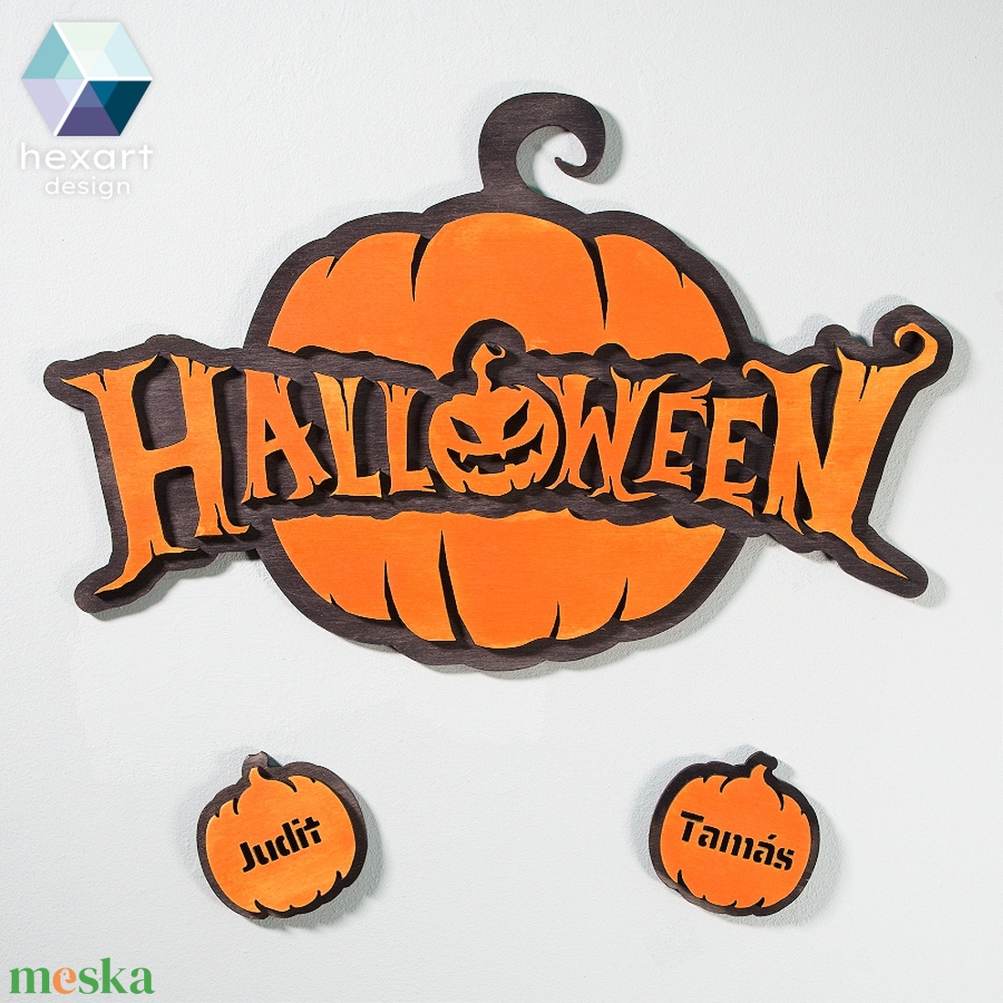 Halloween fali dekoráció, egyedi neves tökökkel - otthon & lakás - dekoráció - halloween - halloweeni dekoráció - Meska.hu