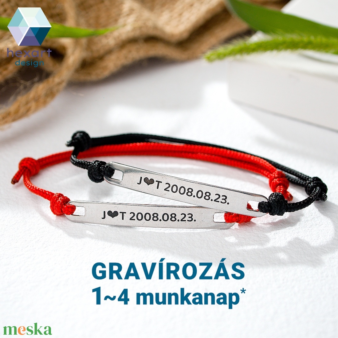 Páros gravírozott karkötő (acéllappal) - választható betűtípus és rengeteg szín - ékszer - karkötő - névre szóló karkötő - Meska.hu