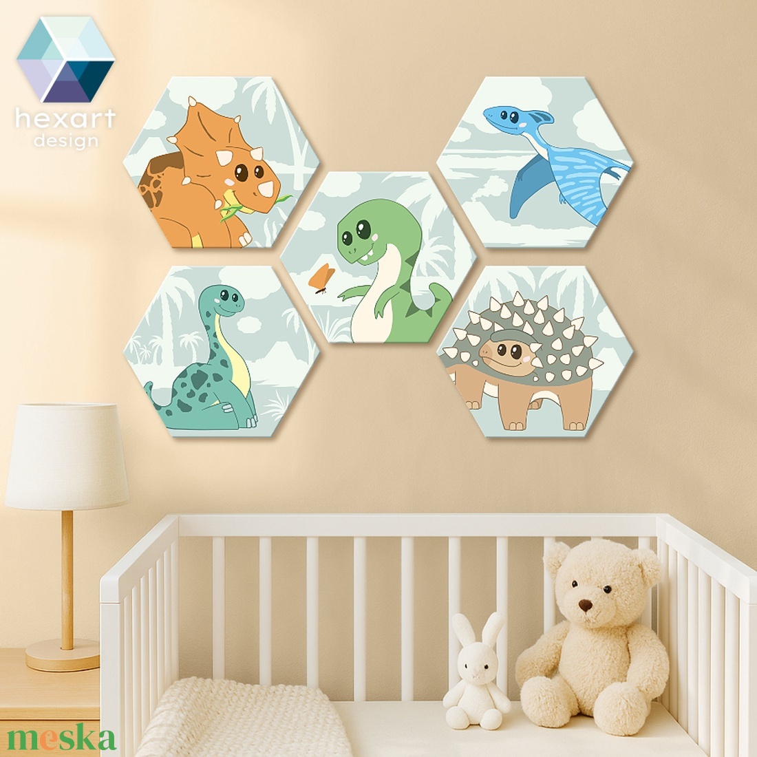 Dinók világa - hatszög dekorációk (5 db) / őslényes, dinós, dinoszauruszos babaszoba dekoráció - baba - mama - babaszoba dekoráció - babaszoba kép - Meska.hu