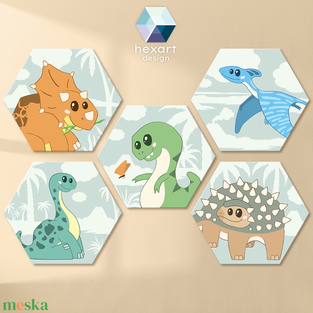 Dinók világa - hatszög dekorációk (5 db) / őslényes, dinós, dinoszauruszos babaszoba dekoráció - baba - mama - babaszoba dekoráció - babaszoba kép - Meska.hu