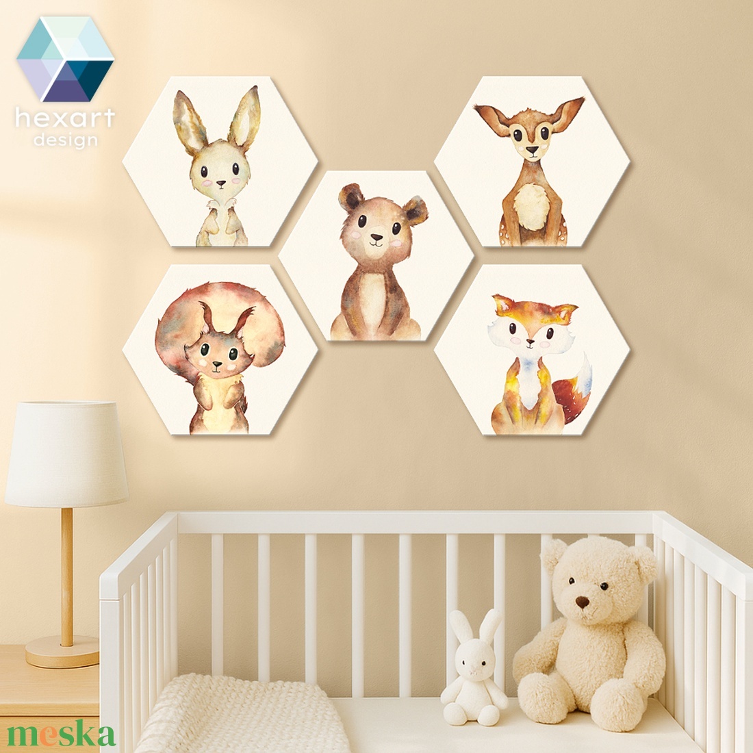 Erdei állatok - hatszög dekorációk (5 db) / állatos babaszoba dekoráció - baba - mama - babaszoba dekoráció - babaszoba kép - Meska.hu