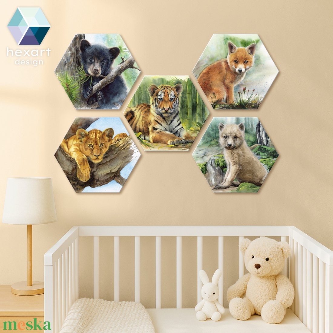 A Vadvilág állatai - hatszög dekorációk (5 db) / állatos festmény nyomat, babaszoba / gyerekszoba dekoráció - baba - mama - babaszoba dekoráció - babaszoba kép - Meska.hu