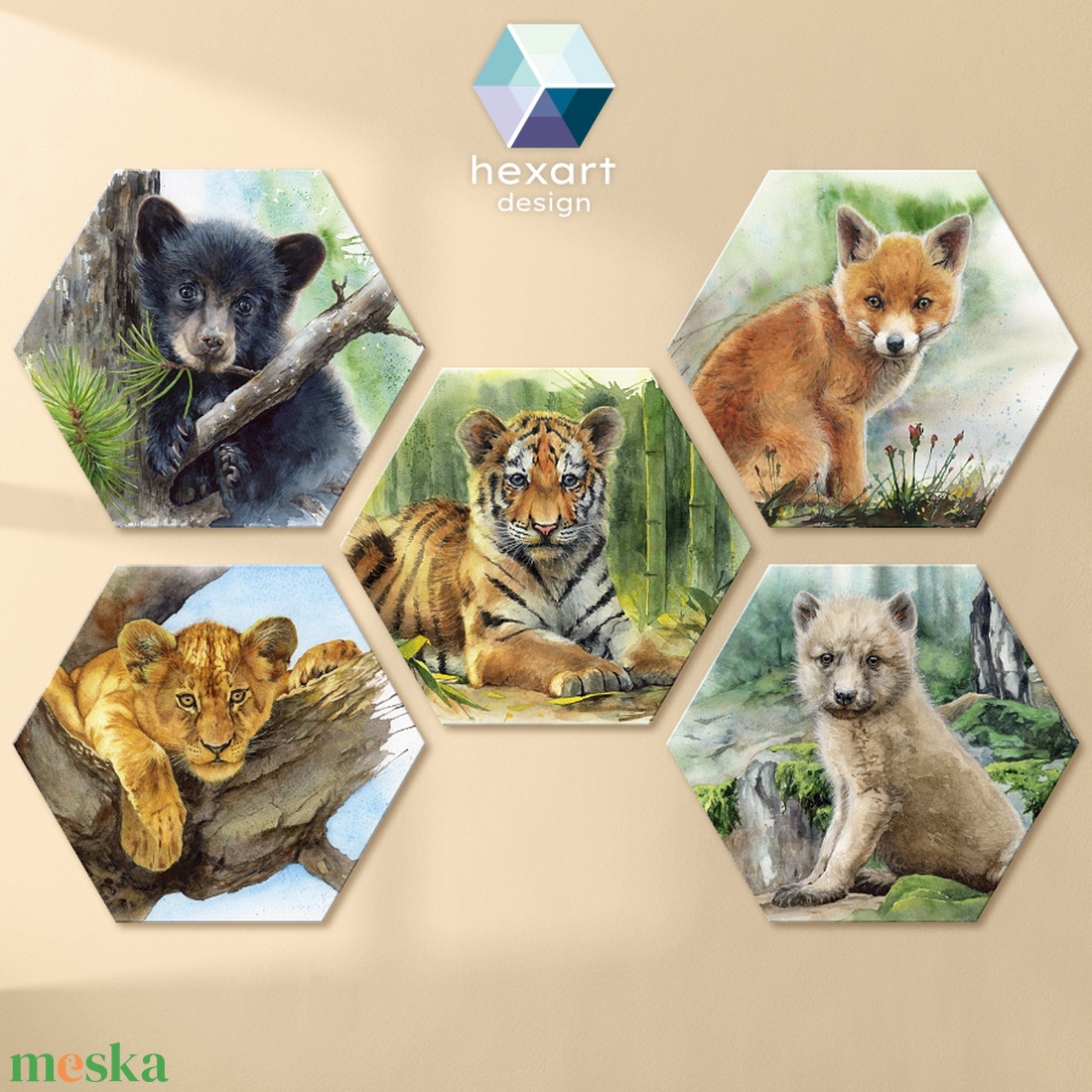 A Vadvilág állatai - hatszög dekorációk (5 db) / állatos festmény nyomat, babaszoba / gyerekszoba dekoráció - baba - mama - babaszoba dekoráció - babaszoba kép - Meska.hu