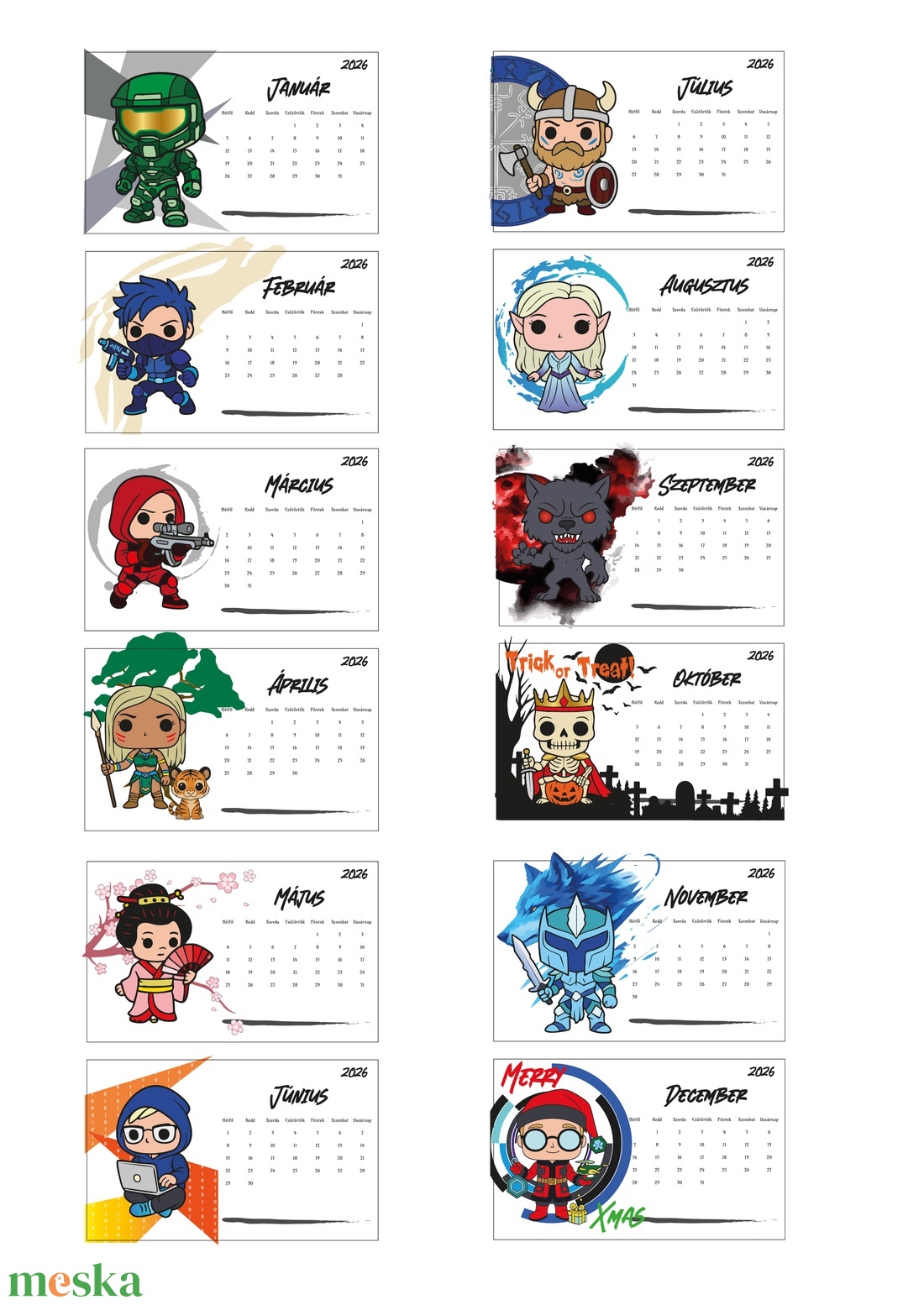 Egyedi kártya naptár - kézzel tervezett FUNKO figurákkal - otthon & életmód - papír, írószer - naptár & tervező - Meska.hu