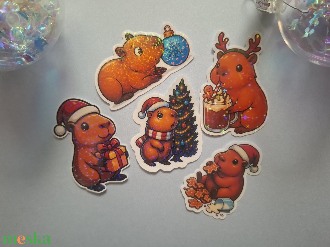 Karácsonyi Kapibara Matrica Szett � 5 db csillogó, ünnepi design - otthon & életmód - papír, írószer - matrica, matrica csomag - Meska.hu