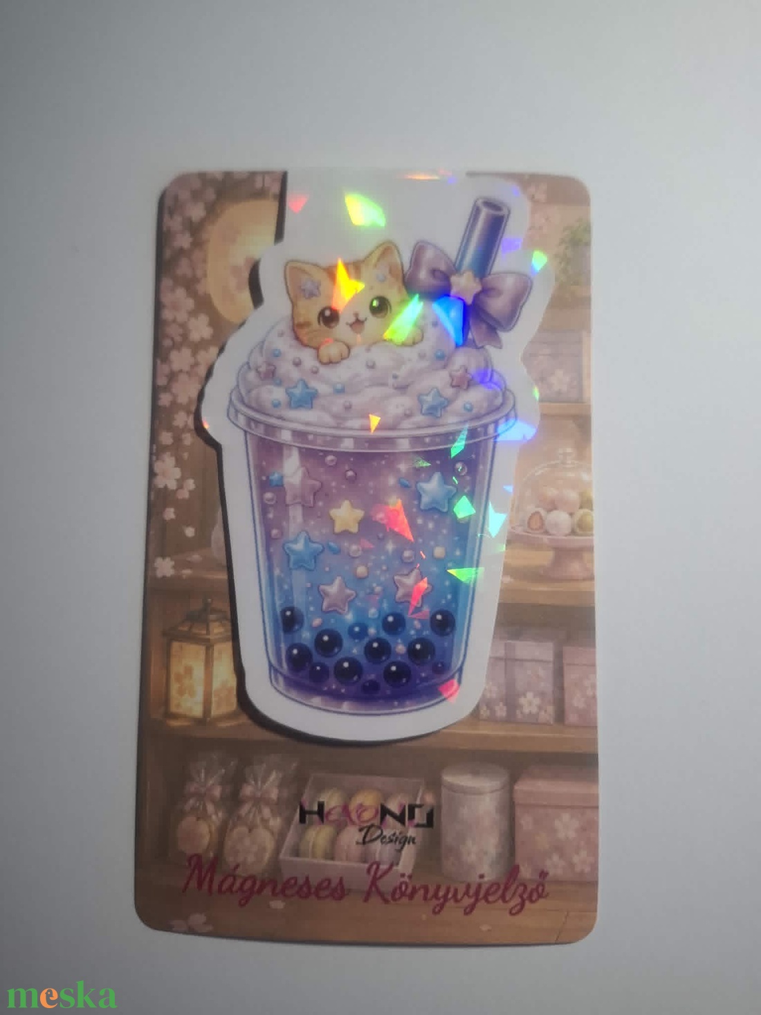 Mágneses könyvjelző - aranyos cica bubble tea - könyv & zene - könyvjelző - Meska.hu
