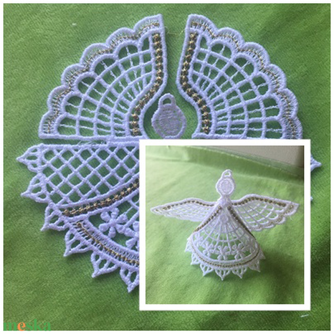  3D angyalka himzett csipke fenyőfadísz - karácsony - karácsonyi lakásdekoráció - karácsonyfadíszek - Meska.hu