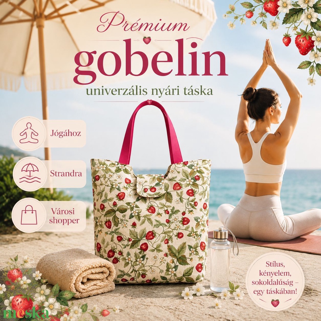 Eper mintás nagyméretű táska - táska & tok - bevásárlás & shopper táska - shopper, textiltáska, szatyor - Meska.hu