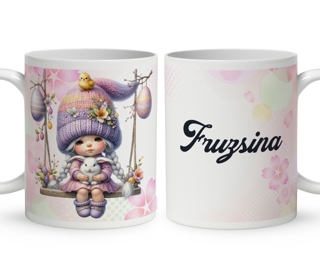 Névvel kérhető - Hintázós húsvéti manólány csibével mintás bögre - otthon & életmód - konyhafelszerelés, tálalás - tálalás - bögre & csésze - Meska.hu