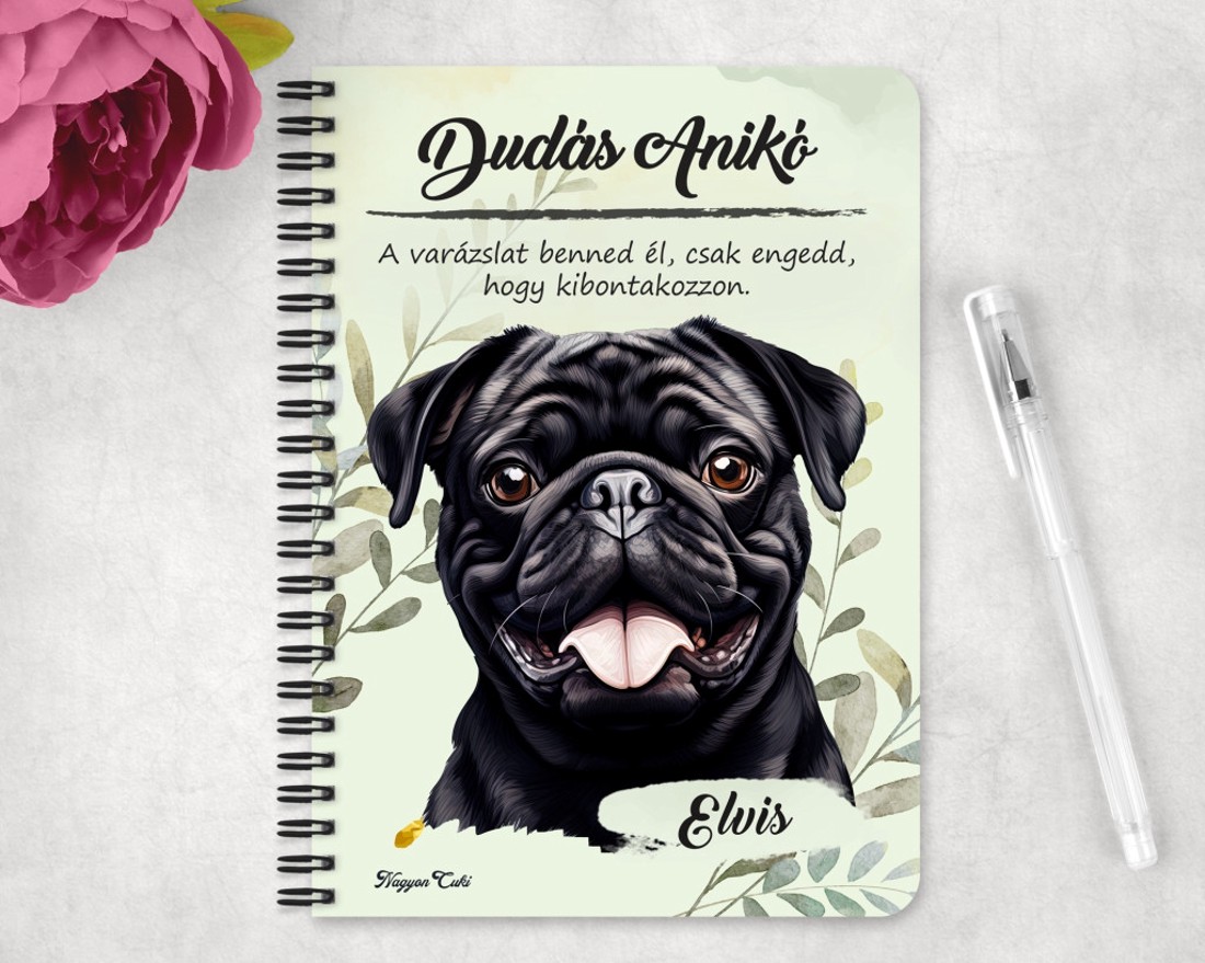 Személyre szabható - Fekete mopsz portré mintás A6-os füzet - otthon & életmód - papír, írószer - jegyzetfüzet & napló - Meska.hu