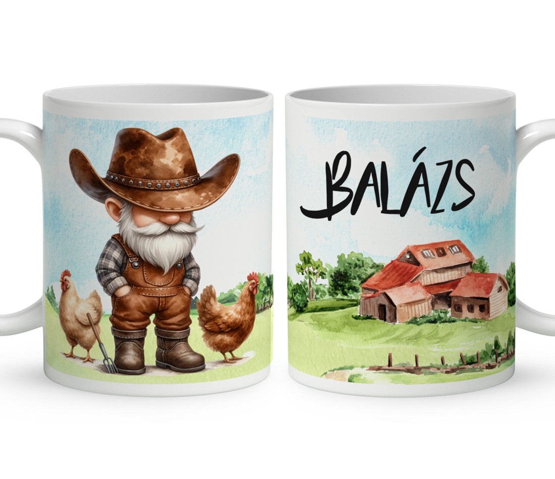 Névvel kérhető - Gazda manó és a tyúkok mintás bögre - otthon & életmód - konyhafelszerelés, tálalás - tálalás - bögre & csésze - Meska.hu