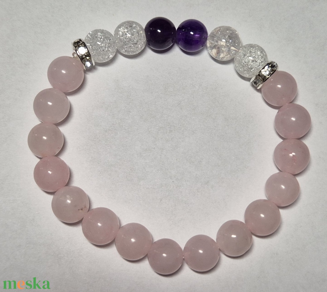 Ametiszt, rózsakvarc, roppantott hegyikristály karkötő - ékszer - karkötő - gyöngyös karkötő - Meska.hu