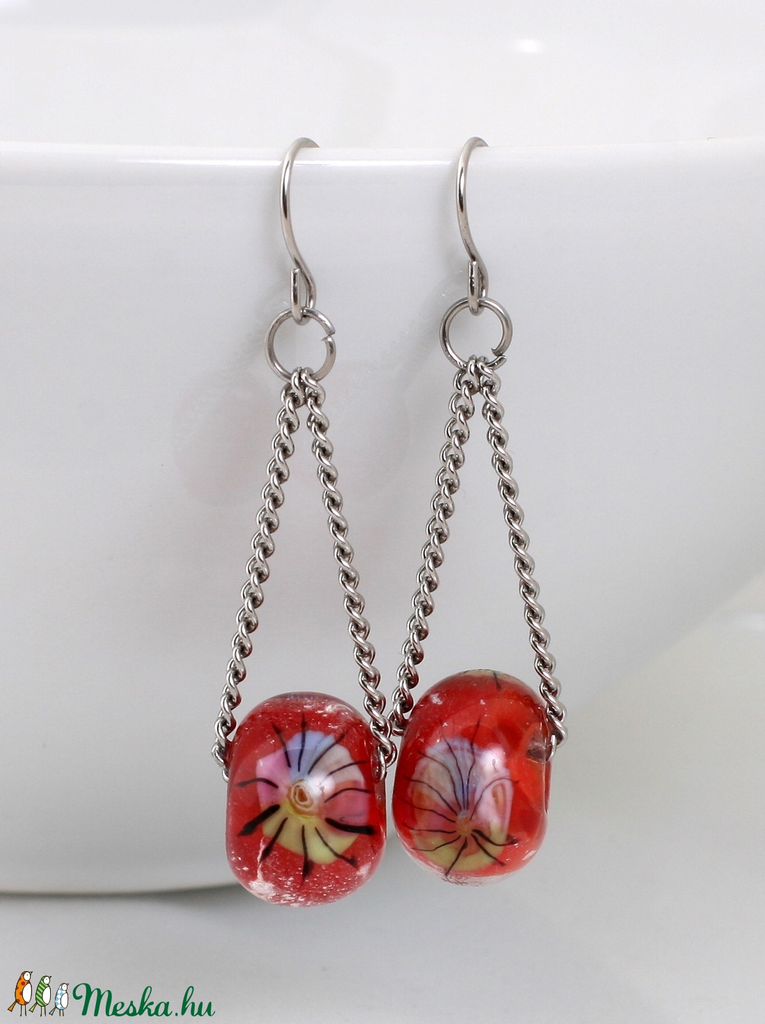 Korallpiros, medúzamintás lámpagyöngy fülbevaló, üvegékszer - ékszer - fülbevaló - lógó fülbevaló - Meska.hu