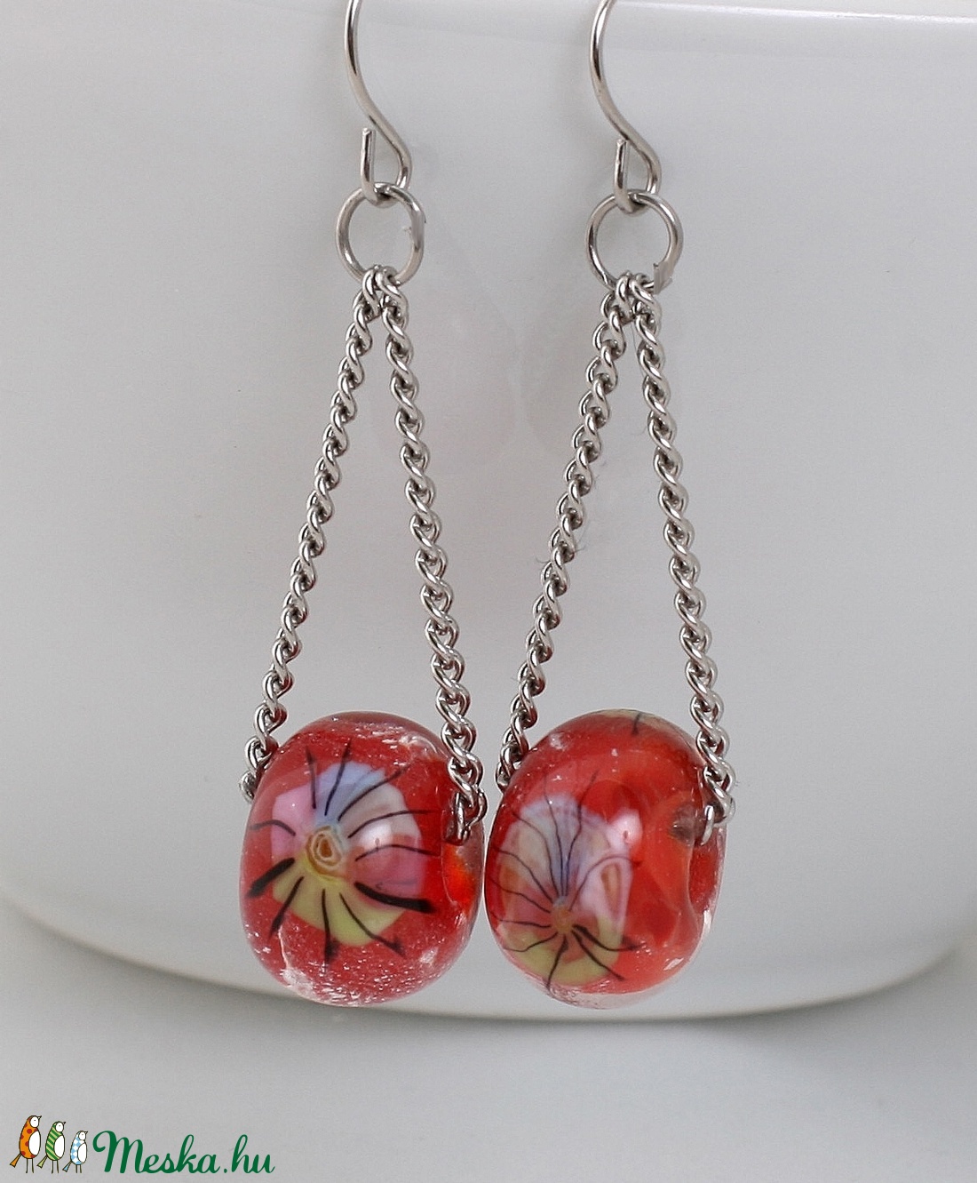Korallpiros, medúzamintás lámpagyöngy fülbevaló, üvegékszer - ékszer - fülbevaló - lógó fülbevaló - Meska.hu