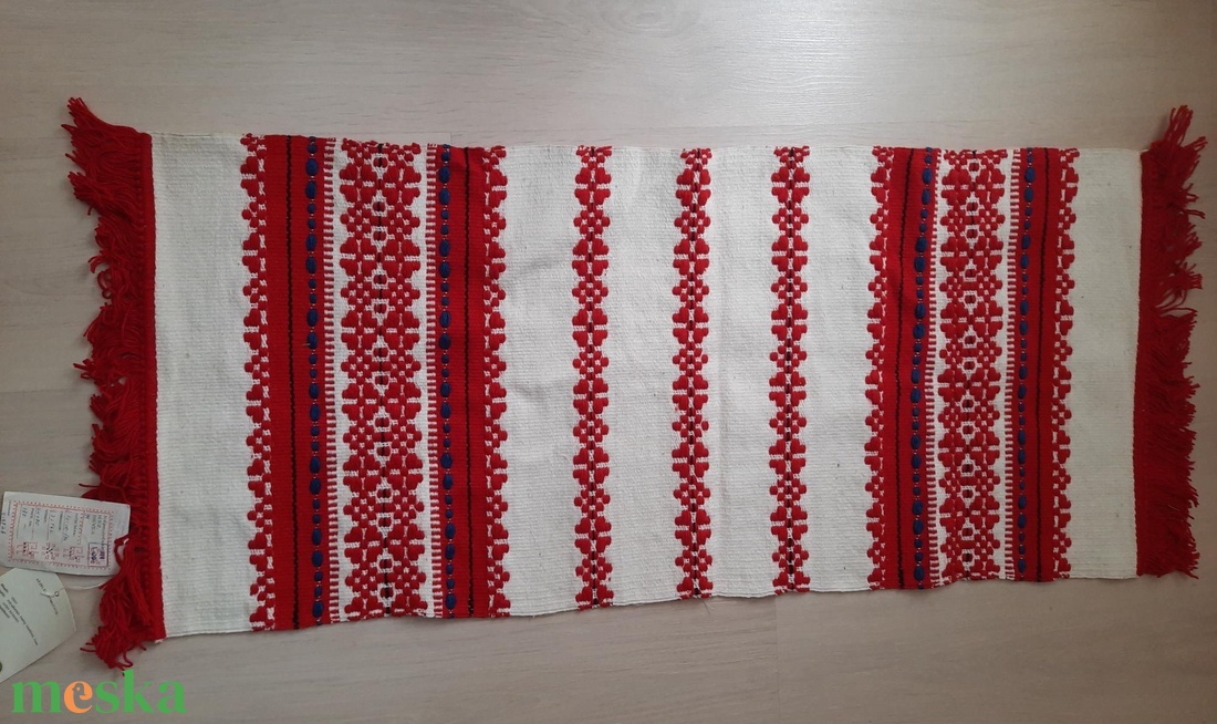 Új! Antik hevesi népi szőttes asztali futó eredeti papírcímkével � 40x90 cm - otthon & életmód - lakástextil - abrosz, terítő - asztalfutó - Meska.hu
