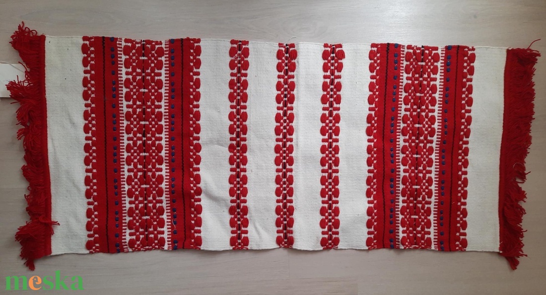 Új! Antik hevesi népi szőttes asztali futó eredeti papírcímkével � 40x90 cm - otthon & életmód - lakástextil - abrosz, terítő - asztalfutó - Meska.hu