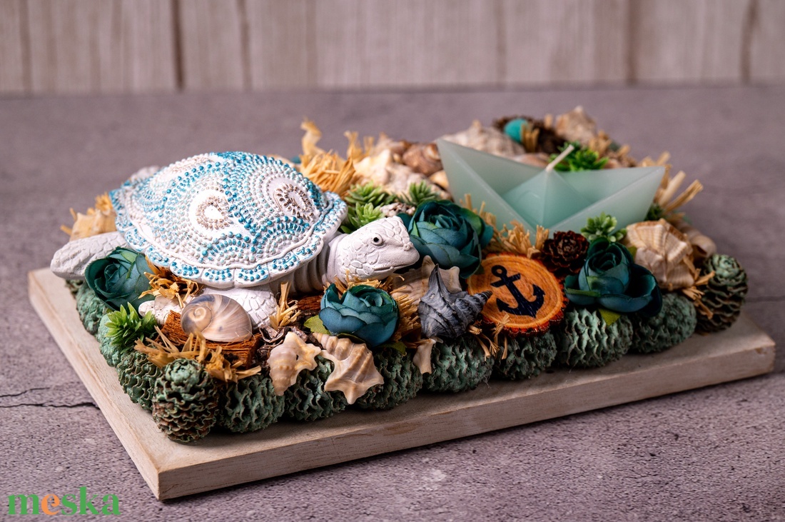Tengerparti tál teknőssel és gyertyával - otthon & életmód - virágdekoráció - virágdíszek - asztali virágdísz - Meska.hu