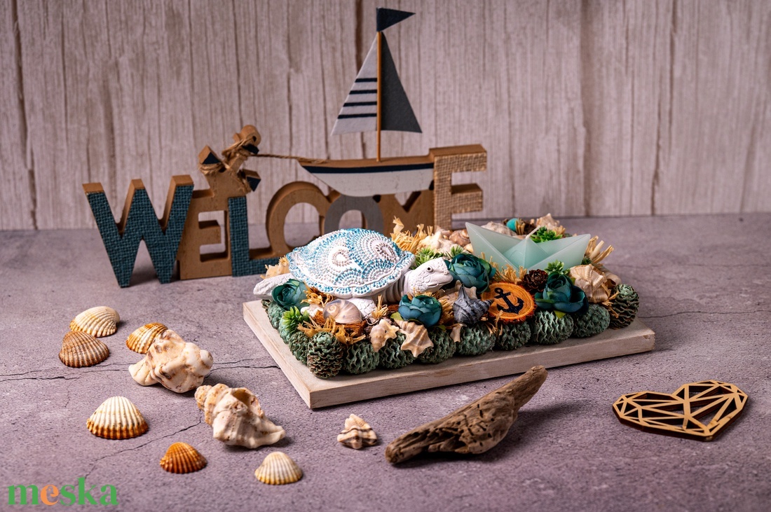 Tengerparti tál teknőssel és gyertyával - otthon & életmód - virágdekoráció - virágdíszek - asztali virágdísz - Meska.hu