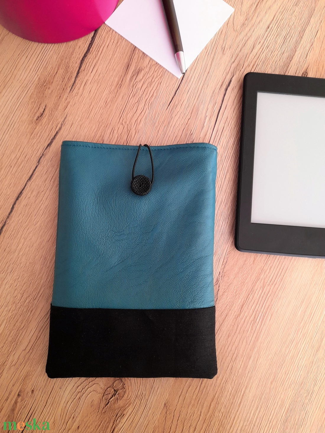 Türkiz textilbőr tok egy kis feketével (e-book, tablet, laptop tok, könyvtok) - táska & tok - ebook & tablet tok - Meska.hu