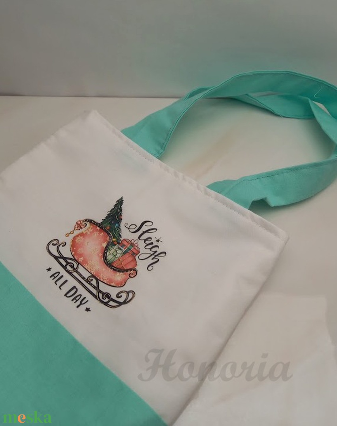Karácsonyi ajándék zsák/ szatyor, szánkós-menta - otthon & életmód - papír, írószer - Meska.hu