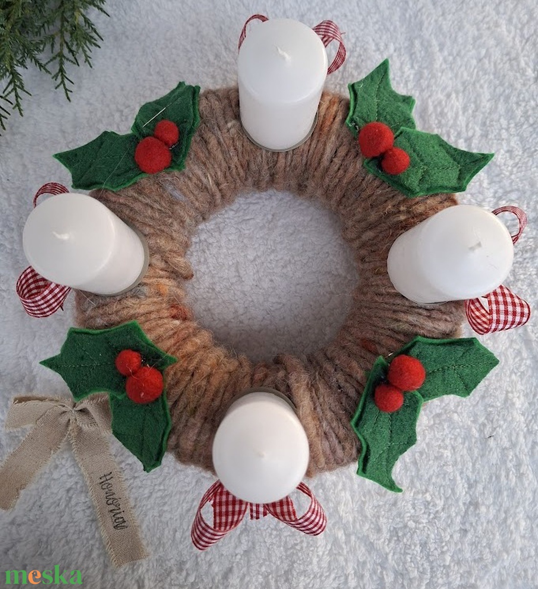 Adventi koszorú-gyapjúfilc-Piros kockás-Vintage hangulat - karácsony - adventi díszek - adventi koszorú - Meska.hu