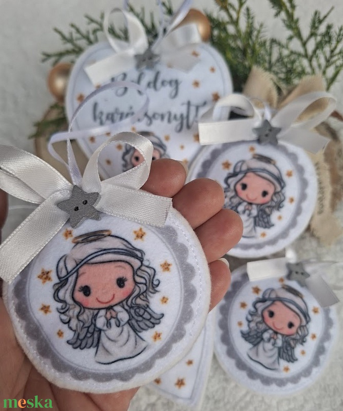 Mosolygós angyalka szett (5db)-karácsonyi filcdísz csomag - karácsony - karácsonyi lakásdekoráció - karácsonyfadíszek - Meska.hu