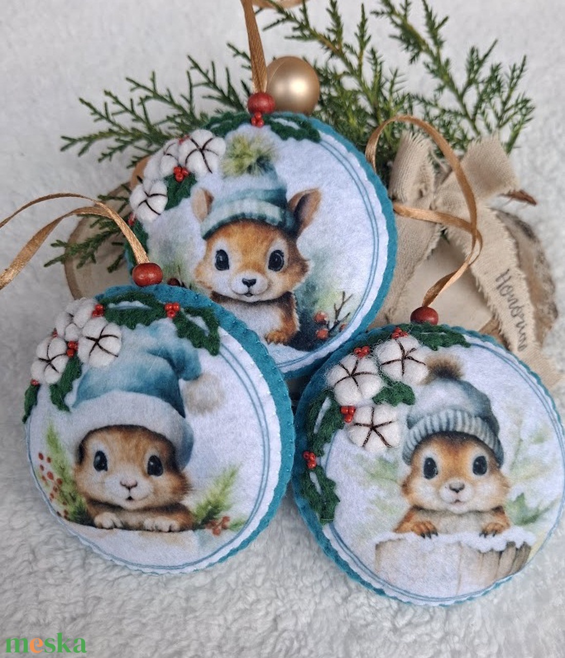 Karácsonyi cuki mókusok gyapotvirággal - filc karácsonyfa dísz szett(3 db) - karácsony - karácsonyi lakásdekoráció - karácsonyfadíszek - Meska.hu