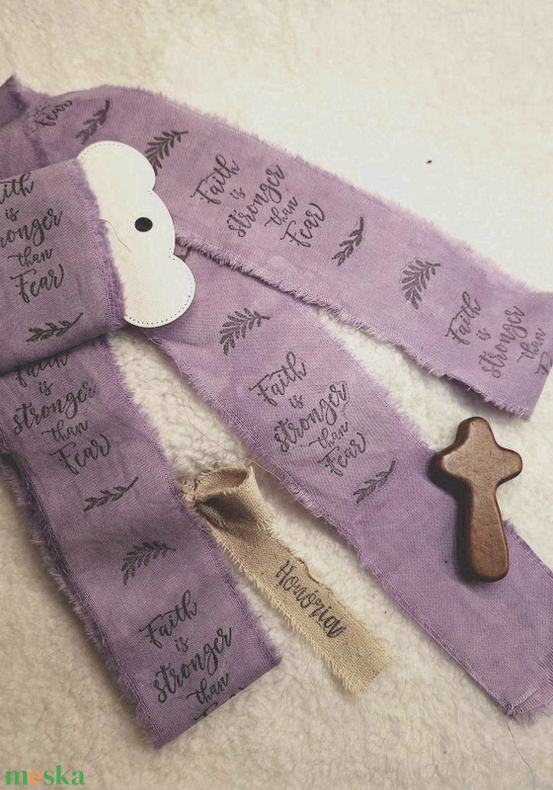 Kézzel festett és bélyegzett, tépett, pamutszalag, Bibliai, igés, felirattal- antik lila-003 - kellékek & szerszámok - rövidáru - szalag, pánt - textilszalag - Meska.hu