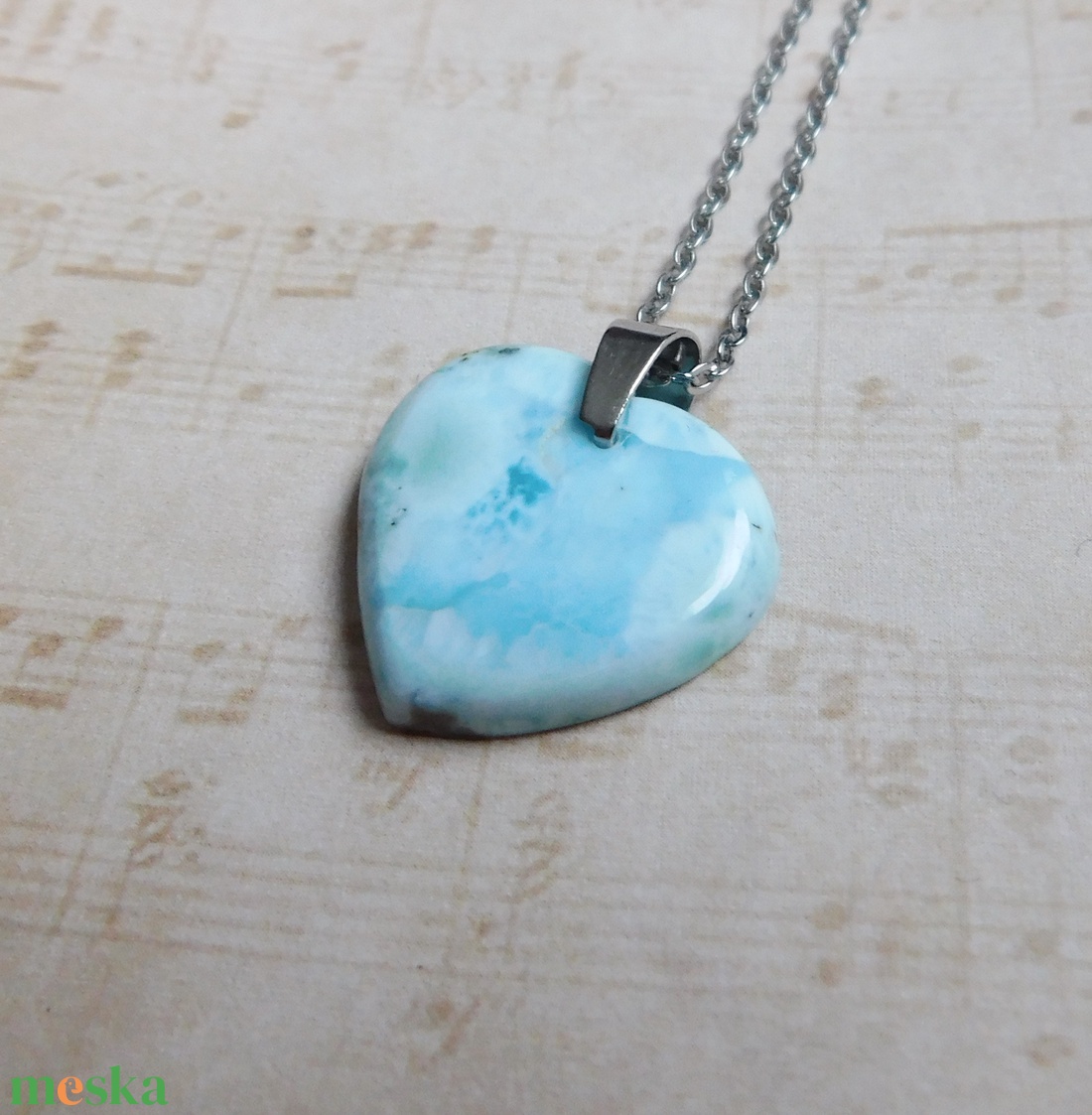 Larimár szív medál acél láncon - ékszer - nyaklánc - medál - Meska.hu