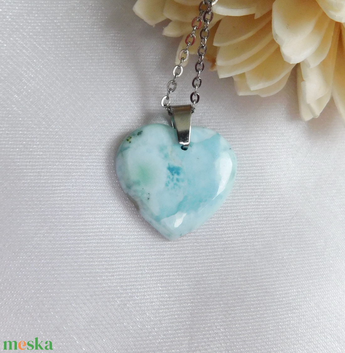 Larimár szív medál acél láncon - ékszer - nyaklánc - medál - Meska.hu