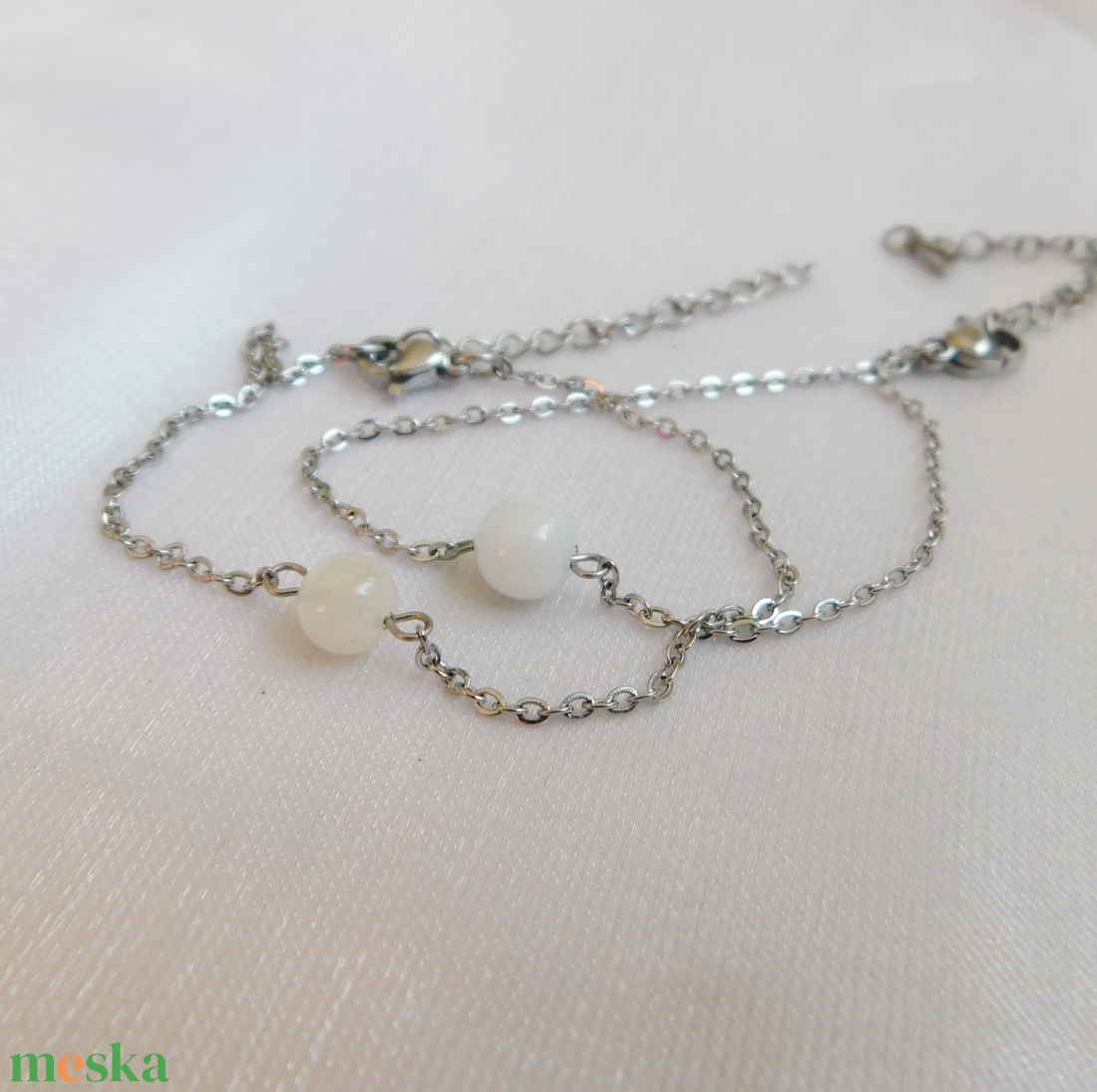 Páros acél karkötő holdkő gyönggyel - ékszer - nyaklánc - medál - Meska.hu