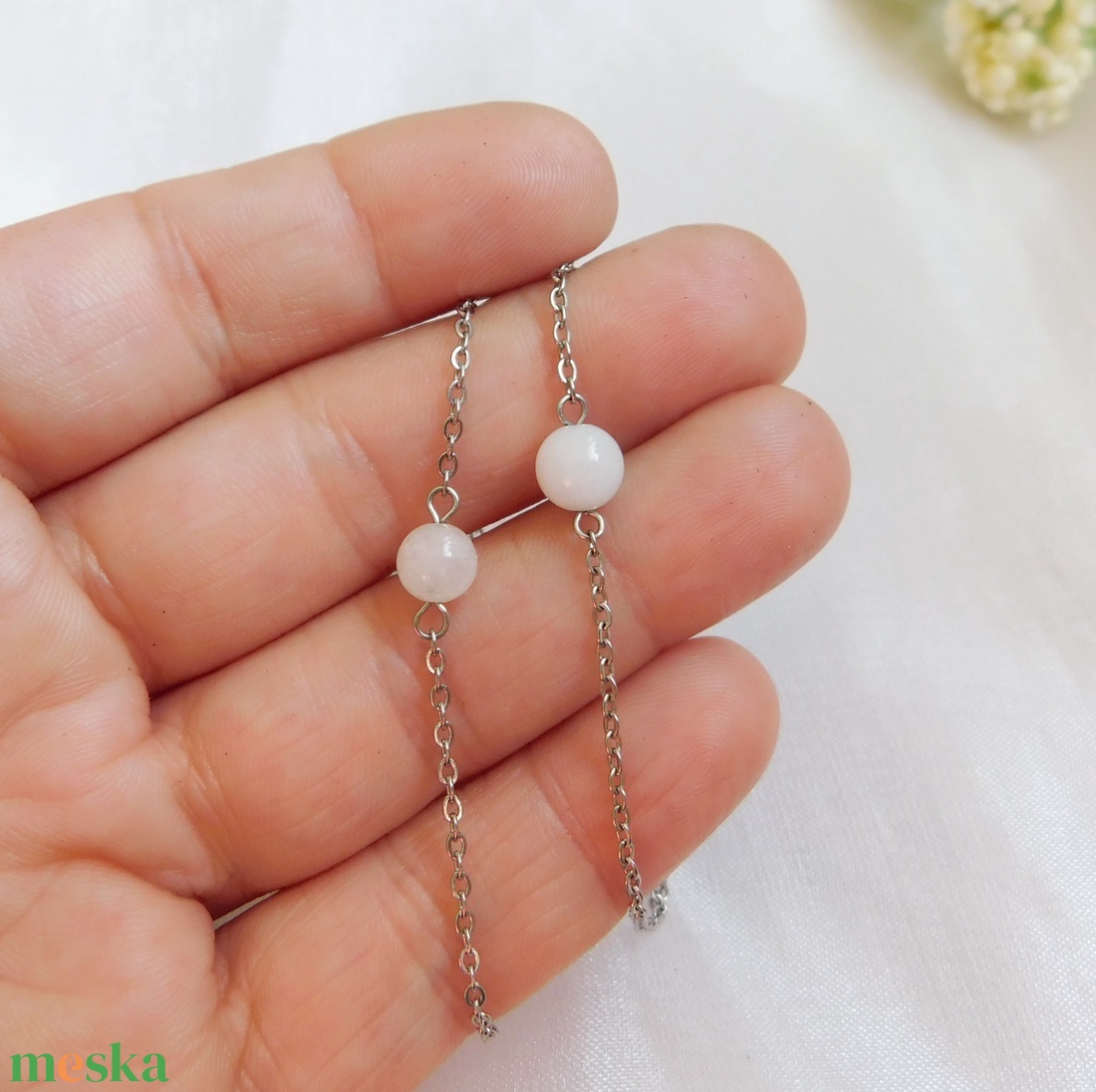 Páros acél karkötő holdkő gyönggyel - ékszer - nyaklánc - medál - Meska.hu