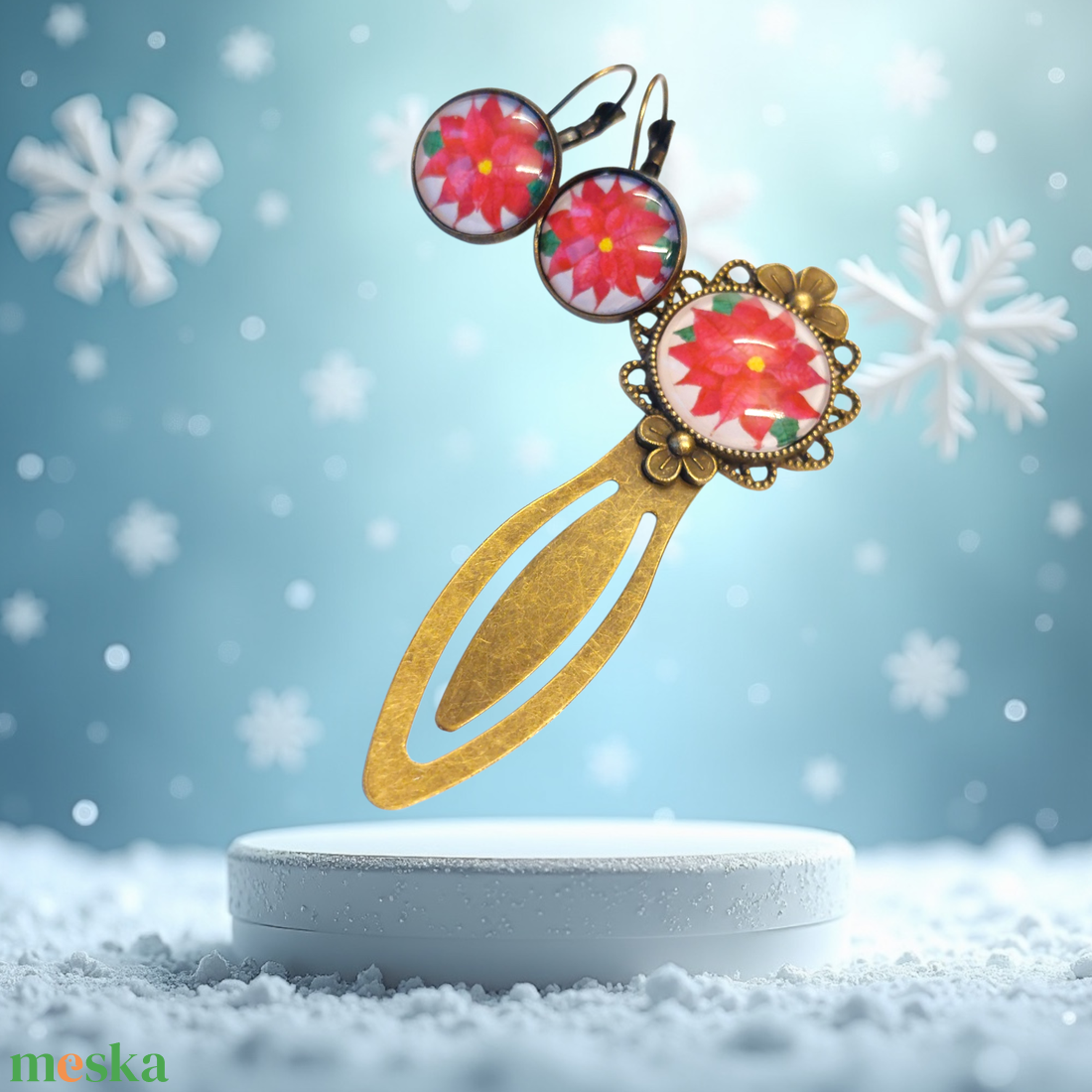 Karácsonyi ünnepi hangolatú üveglencsés könyvjelző és fülbevaló szett � azonnal készletről! - könyv & zene - könyvjelző - Meska.hu