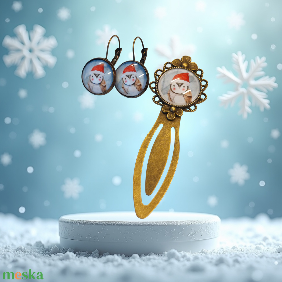 Karácsonyi pingvin üveglencsés könyvjelző és fülbevaló szett � azonnal készletről! - könyv & zene - könyvjelző - Meska.hu