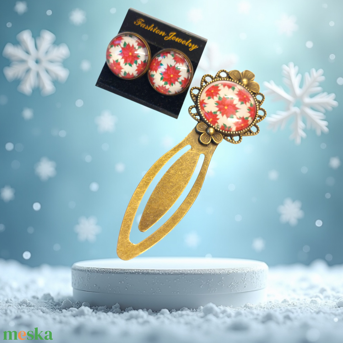 Karácsonyi piros virágos üveglencsés könyvjelző és fülbevaló szett � azonnal készletről! - könyv & zene - könyvjelző - Meska.hu