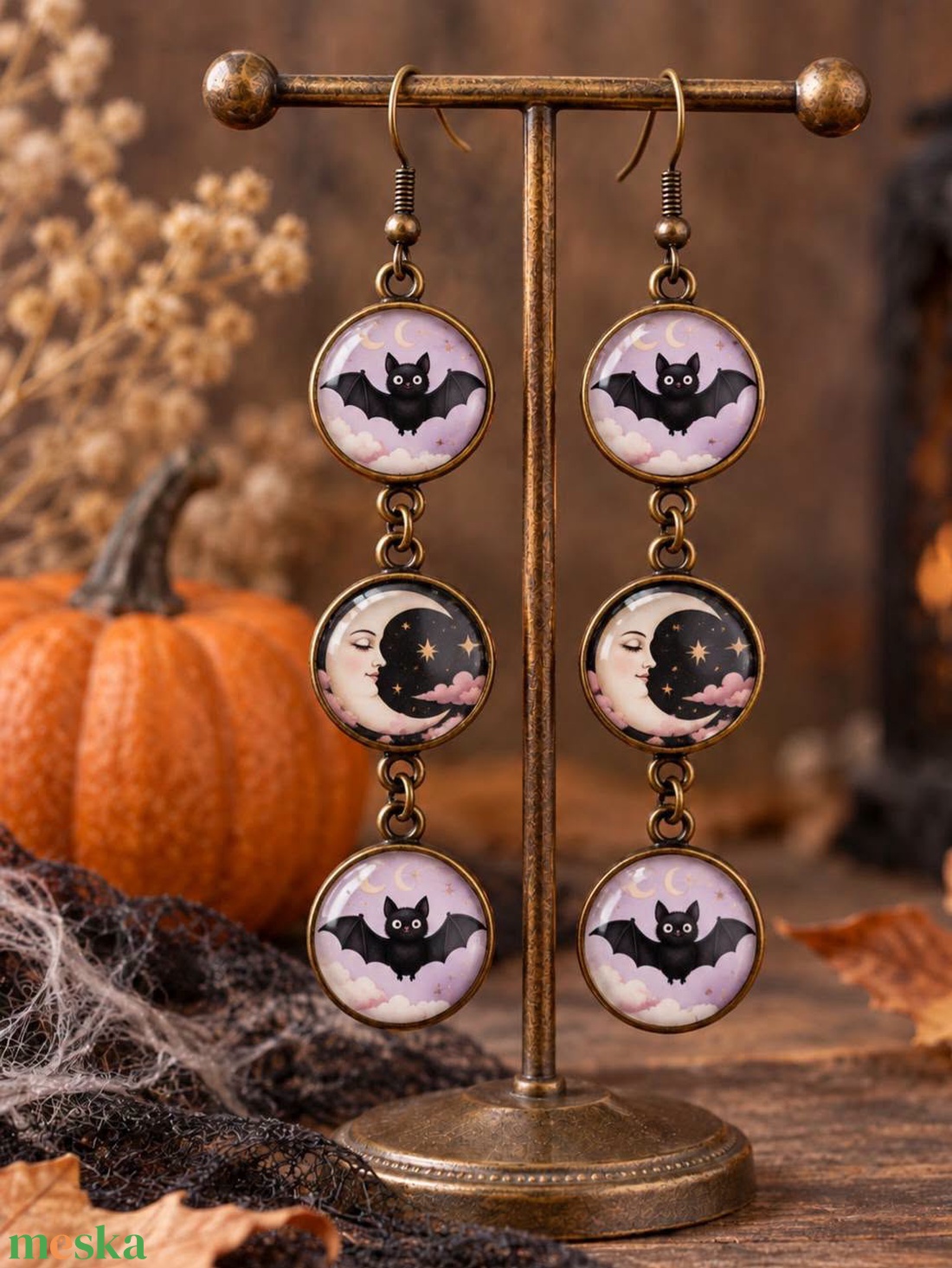 � Halloween fülbevaló � denevéres és holdas mintával - otthon & életmód - dekoráció - halloween - halloweeni ékszerek - Meska.hu