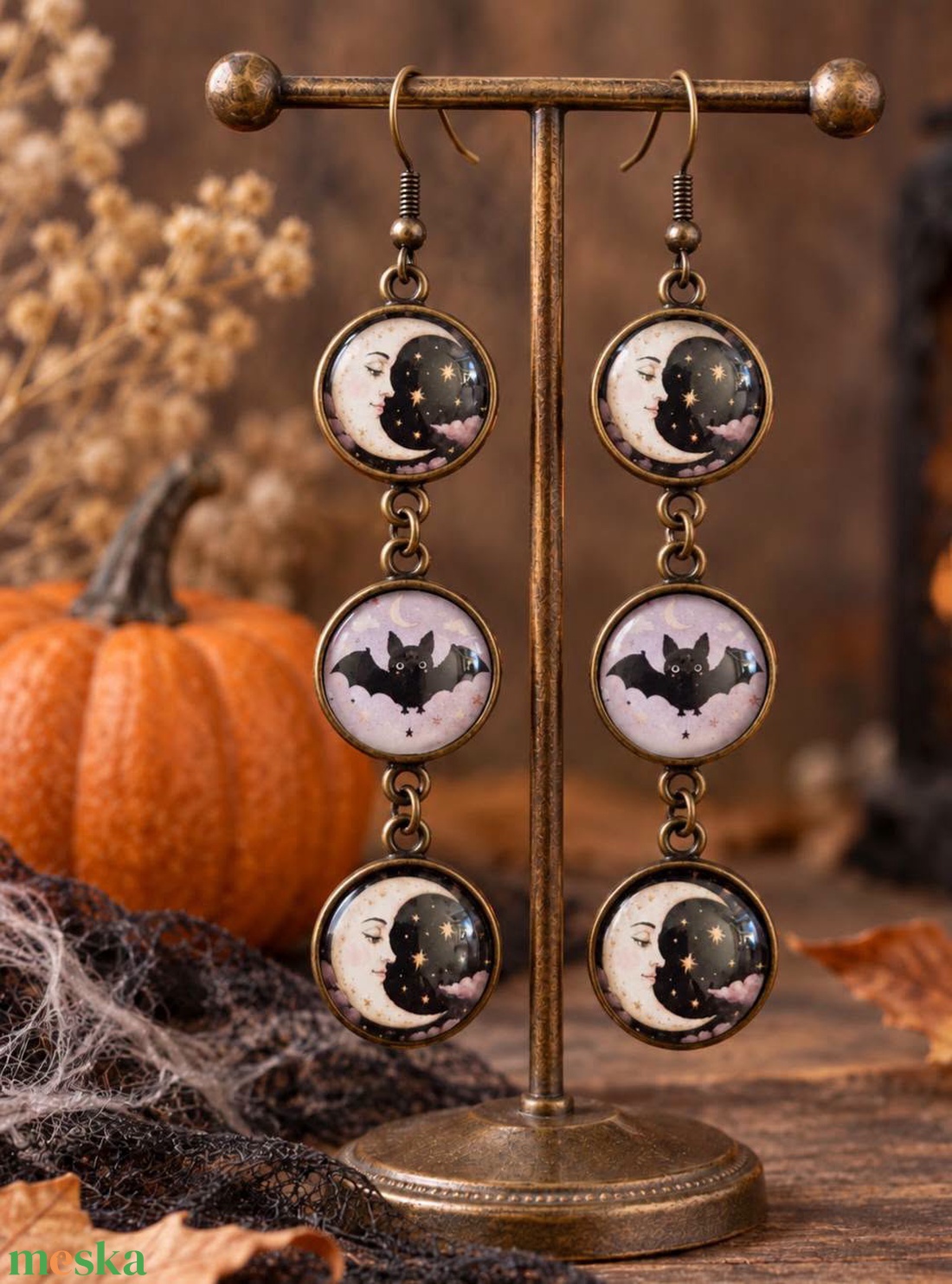 � Holdas�denevéres 3 soros fülbevaló - otthon & életmód - dekoráció - halloween - halloweeni ékszerek - Meska.hu