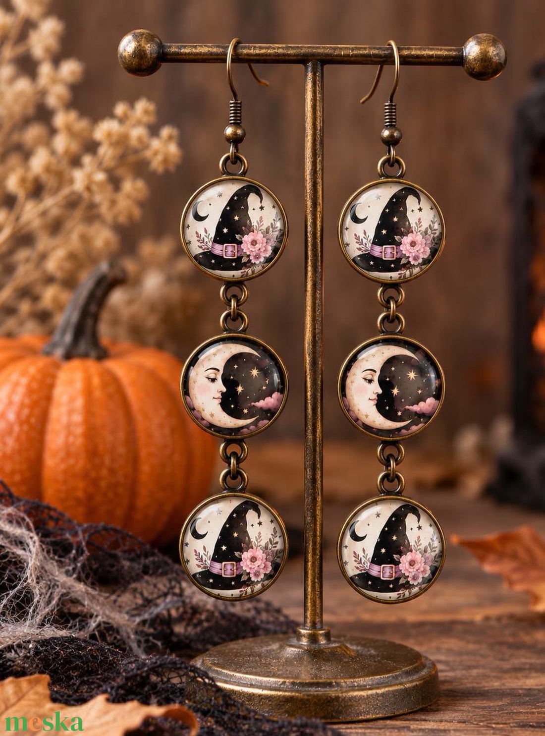 ���� Boszorkánykalapos�holdas 3 soros fülbevaló - otthon & életmód - dekoráció - halloween - halloweeni ékszerek - Meska.hu