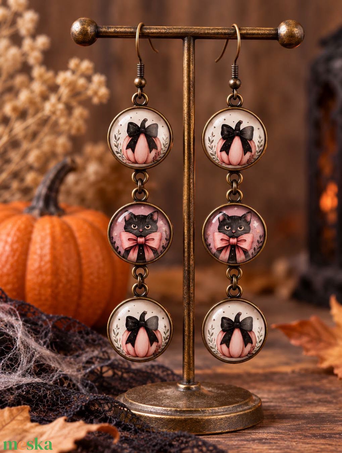 �� Tökös�cicás 3 soros fülbevaló - otthon & életmód - dekoráció - halloween - halloweeni ékszerek - Meska.hu